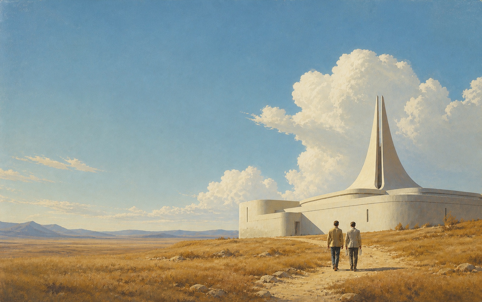 Two people walking toward a painterly architectural campus