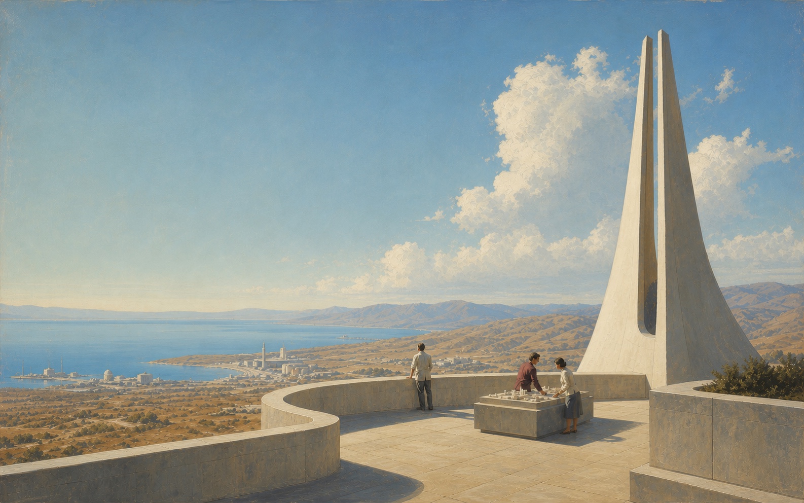 People working around an architectural model on a terrace overlooking a coastal landscape