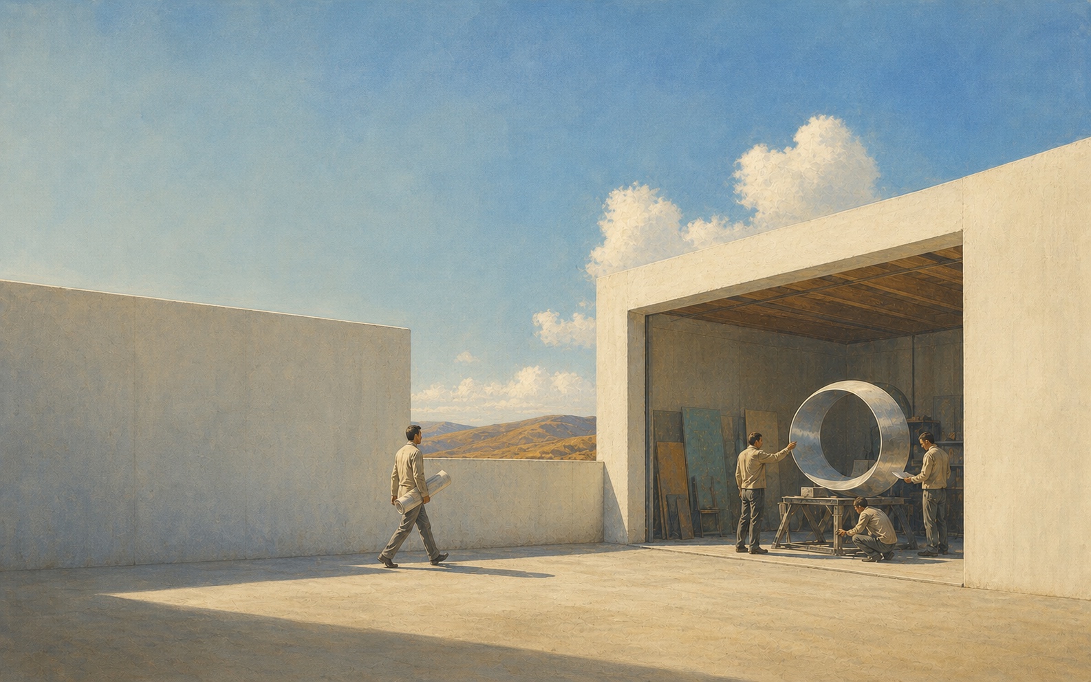 People fabricating a circular metal form in an open concrete workshop